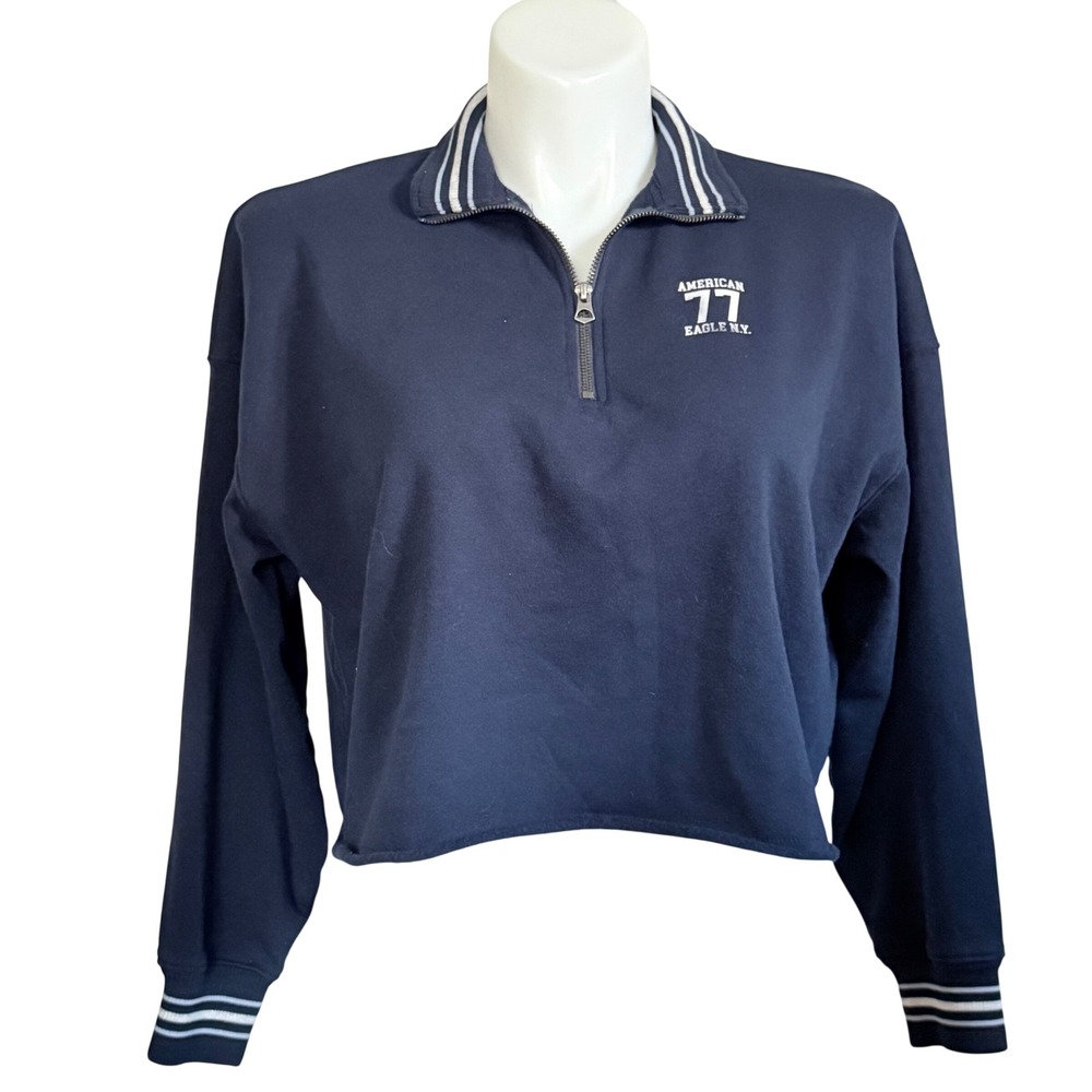 NEW American Eagle Womens Navy Blue Cropped Quarter Zip Sweatshirt Varsity Small